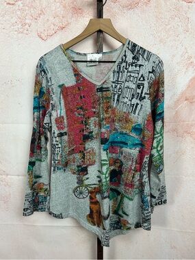 PARSLEY & SAGE artsy knit asymmetric top size L dog lover v-neck art to wear
